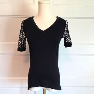 VENUS Black Short Sleeve Top with Mesh Detail